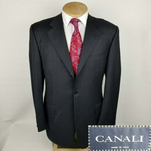 Canali Mens Sport Coat 42L Wool Navy Blue Stripe